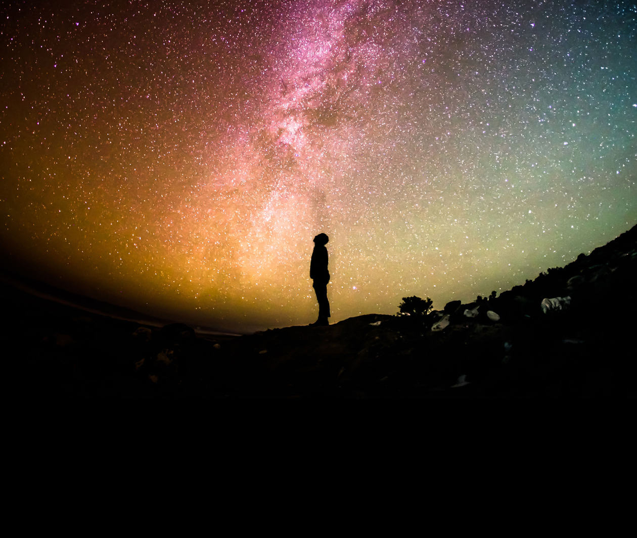 Silhouette of a person staring up into the night sky