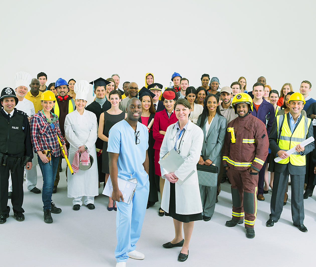 A crowd of people, including doctors, police officers, fire fighters and teachers, highlighting the sectors that public financial management affects