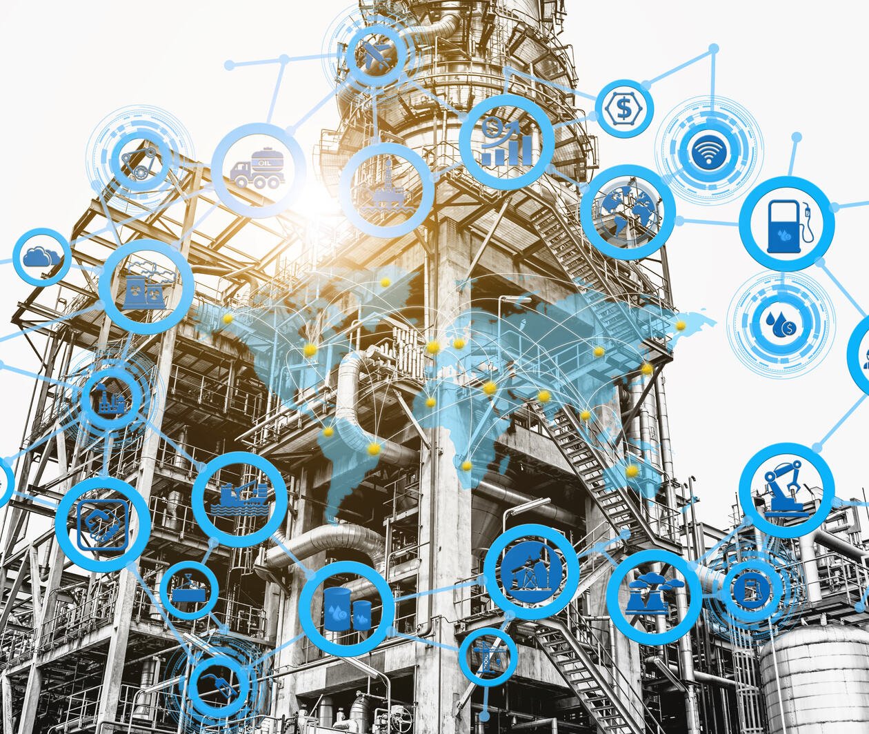 Multiple blue icons of digitalisation over a chemical refinery plant to represent data-based techniques and methods for the chemical and process industries.