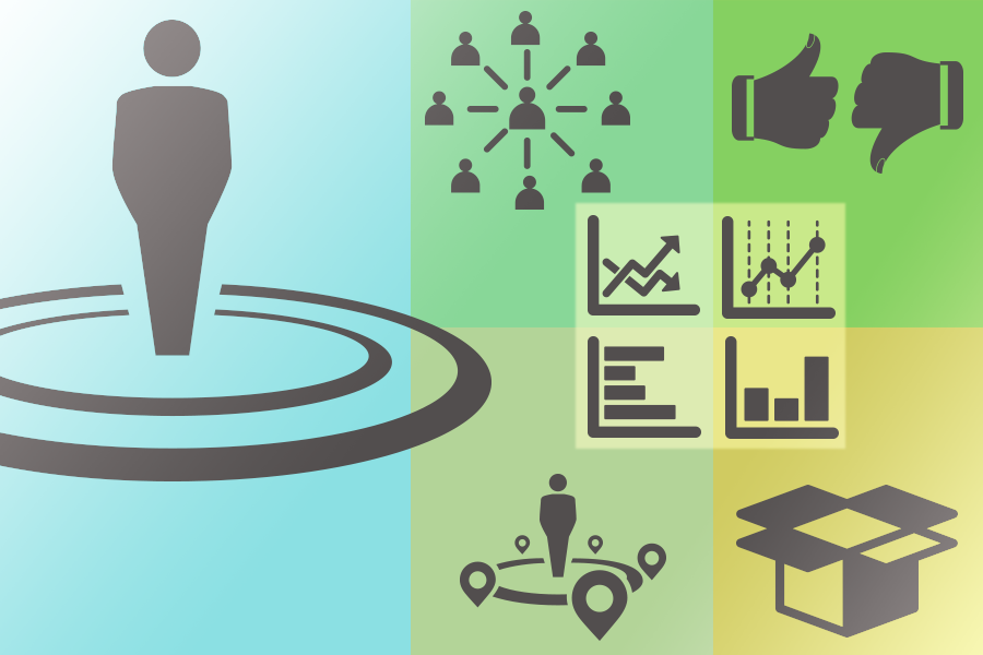 Composition of icons representing the data types: demographic, psychographic, behavioural, product, referral, location and intention