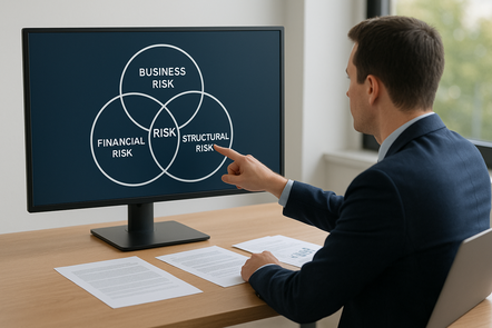A financial analyst in a suit points at a large computer screen showing a Venn diagram of business, financial, and structural risks. He sits at a wooden desk with papers and a laptop, in a bright, modern office with natural light from large windows.