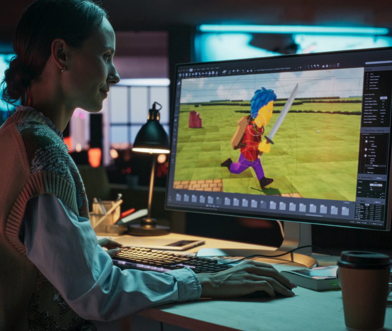 Woman designing a video game on a computer