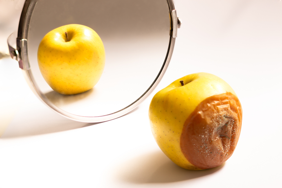 A yellow apple is reflected in a mirror. The unseen rear of the apple is brown and rotten.