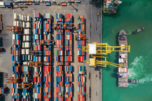 Aerial storage containers before transport dock, top view, Thailand.