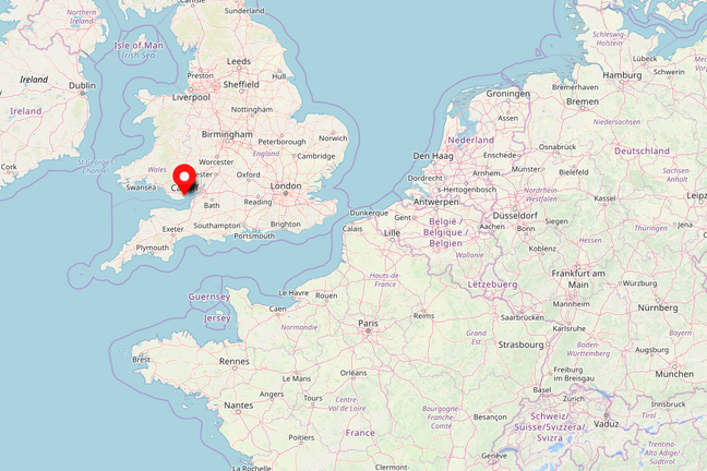 A 2D map of the UK and Western Europe with pin located in Cardiff