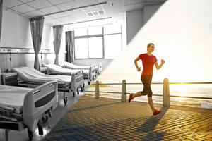 An image with two sides, one with a black and white hospital ward, the other a woman running on a sunny boardwalk.