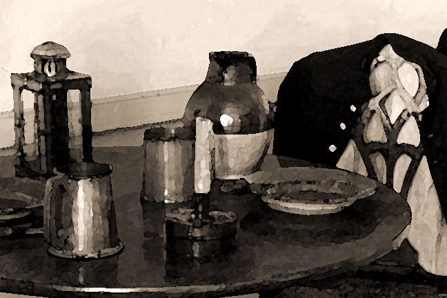 Tavern table with tankards, jug and candle