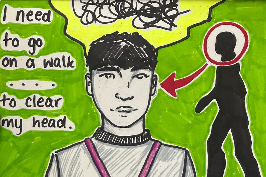 boy's face with the words 'I need to go on a walk... to clear my head'