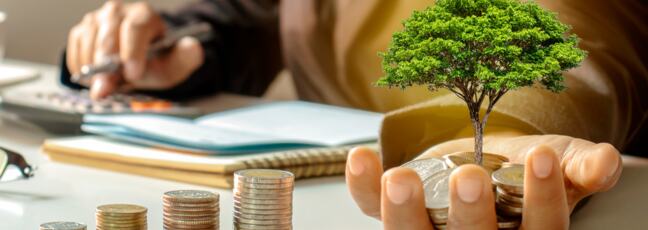 There are some coins on the palm and a tree grows from it