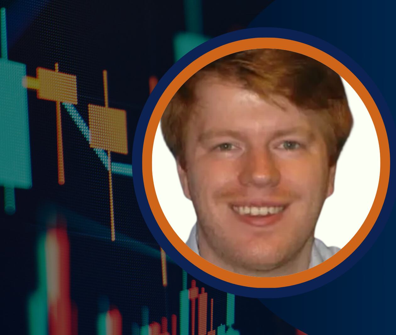 A digital financial chart with candlestick patterns in green, red, and orange, representing market activity and risk analytics. On the right side, a circular photo of a smiling instructor is framed in blue and orange. This banner visually introduces the "