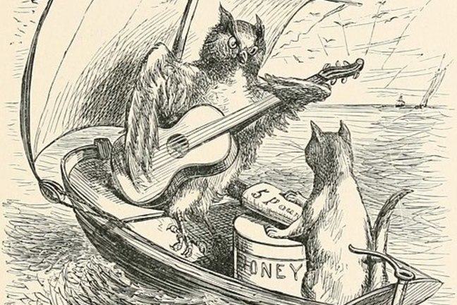 An etching of the owl and the pussycat in the boat. The owl is playing a guitar