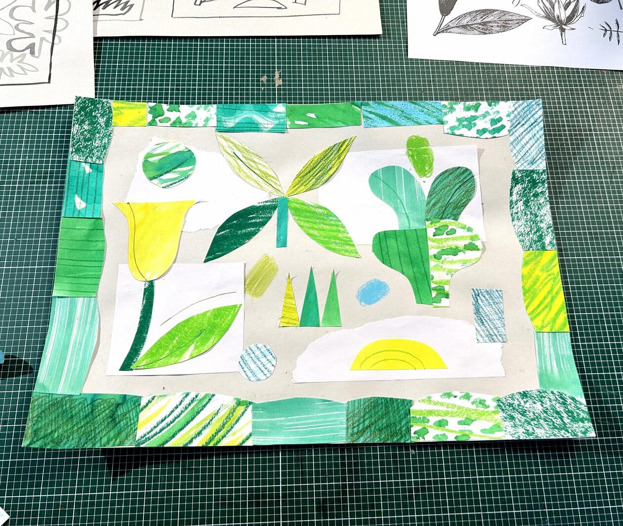 A green and yellow floral collage made using a variety of textures