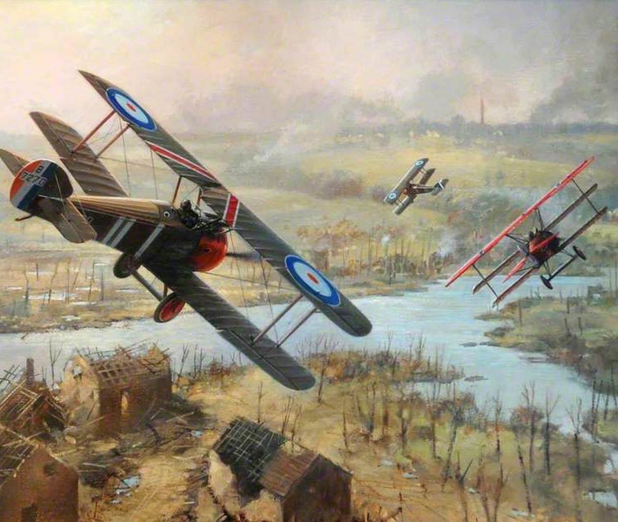 World War 1: Three planes in battle over a destroyed landscape