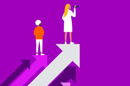 Two figures standing on diagonal arrows pointing upwards. In one figure's hand is a telescope looking forward to what's next 