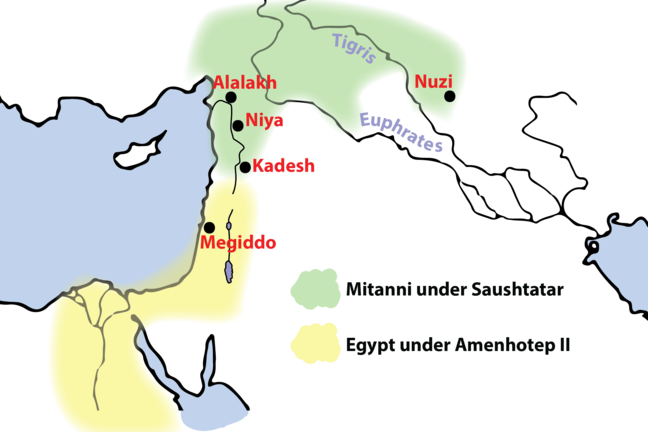 The Egyptian and Mitannian superpowers under Amenhotep II and Saushtatar, with locations mentioned in the text below