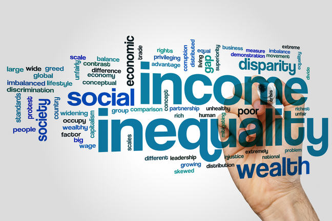 Graphic made up of many different words relating to the effects of inequality on society, economically.