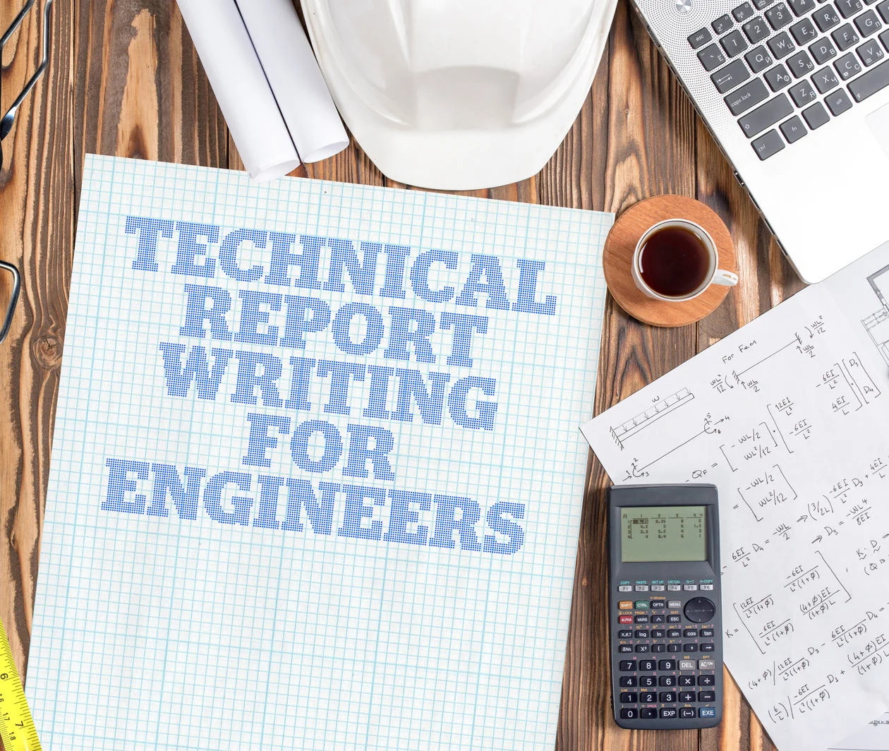 A top-down view of an engineer's desk with laptop, safety helmet, calculator, ruler, and handwritten calculations. In the centre is a sheet of grid paper with the words Technical Report Writing for Engineers printed. 