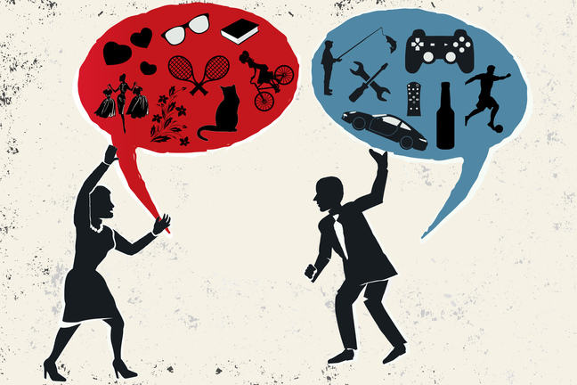 A man and a woman hold speech bubble. In their bubbles are icons which represent stereotypes about their gender. For example, in the female speech bubble there are flowers and dresses. In the male speech bubble there are cars and football.