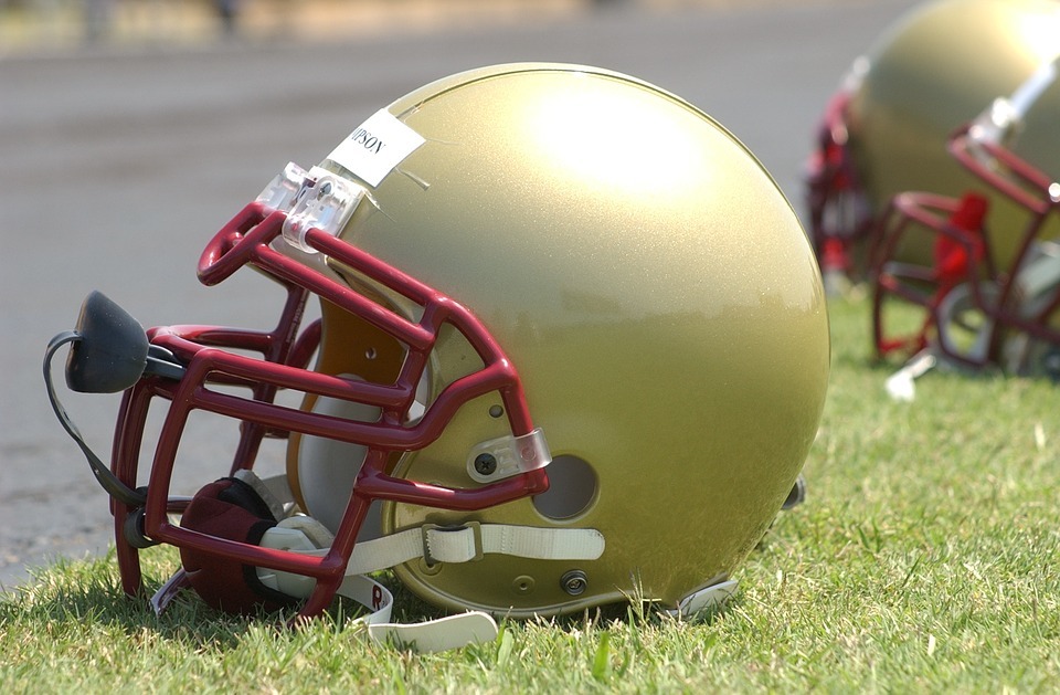 A close-up of an American football helmet.