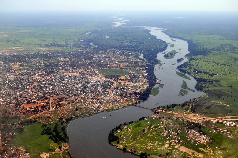 A helicopter view of Juba, the capital of South Sudan is shown. The river is also visible on Nile on the right.