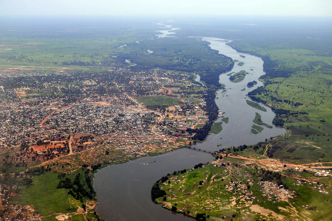 A helicopter view of Juba, the capital of South Sudan is shown. The river is also visible on Nile on the right.
