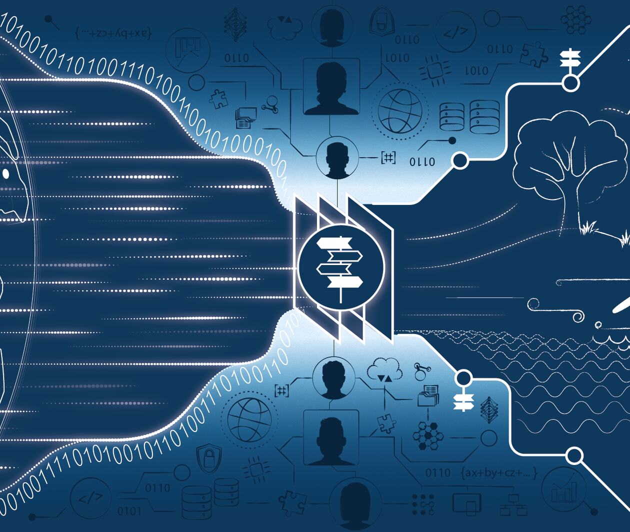 A representation of people and planet coexisting with data science helping us make decisions that lead to a better environment.