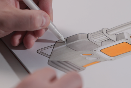 3D render of a communications device. Educator is adding highlights with white pen