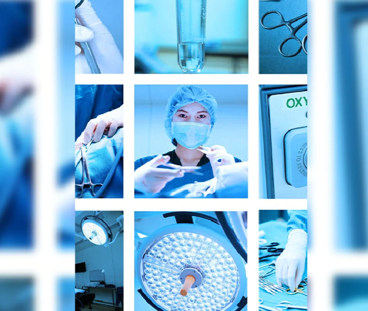 Images of veterinary equipment, such as lights and surgery tools