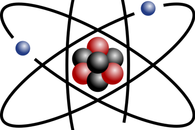 A stylised image of an atom, showing protons, neutrons and electrons