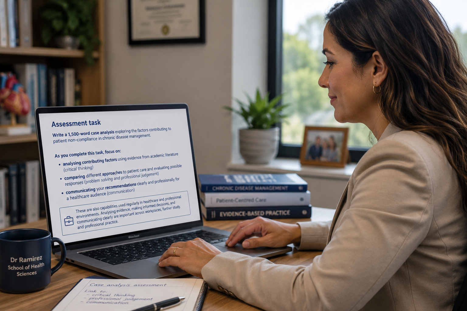 The learning is already there. It’s how we describe it that makes the difference. Teacher writing an assessment task on a laptop