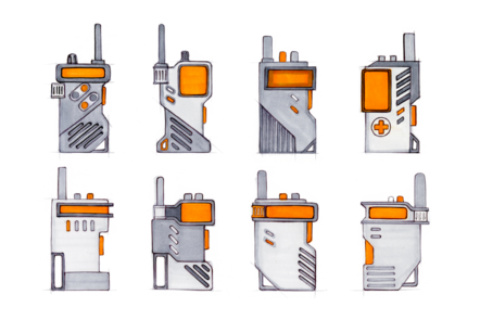 Selection of communication device ideas rendered in marker and pen