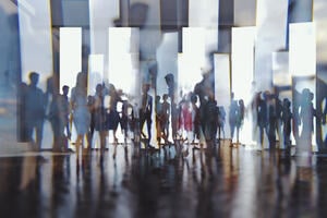 Abstract people silhouettes against glass, 3D generated image