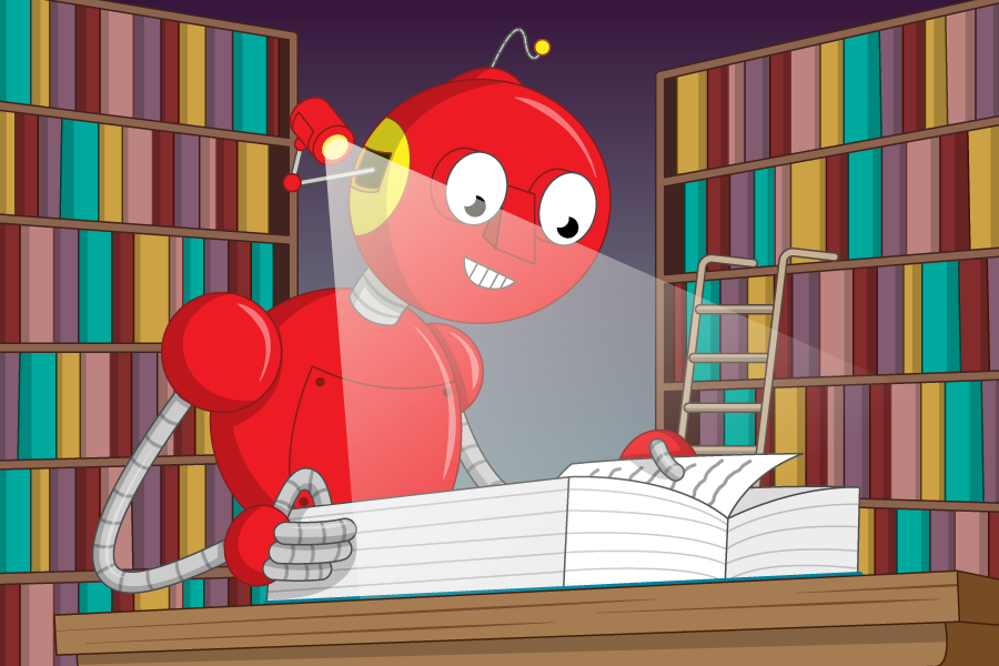 a robot studying a book of text