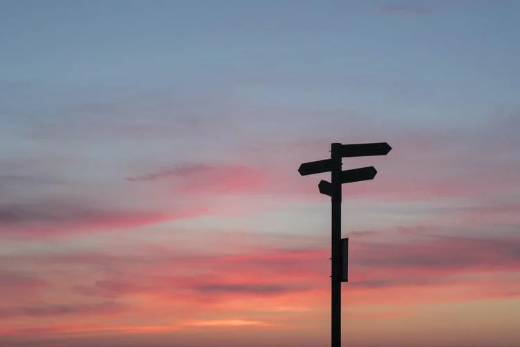 signposts pointing in different directions during a sunset