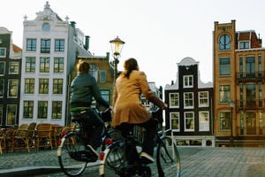 Tourists cycling