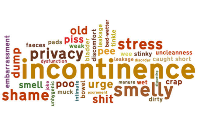 Word cloud of words associated with incontinence including many slang words