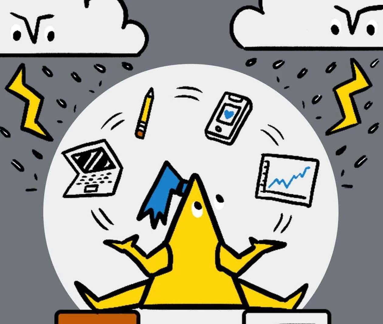 A triangular cartoon character juggling icons to do with work and life whilst balancing between two platforms. There are thunder storm clouds above.