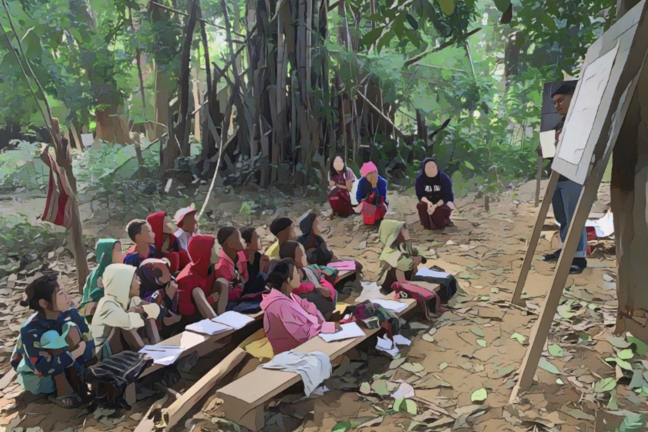 Children sitting at low benches on the forest floor looking at a teacher beside a large easel resting against a tree