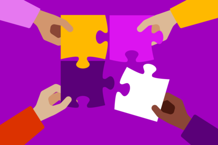 A jigsaw where hands are struggling to fit the puzzle together