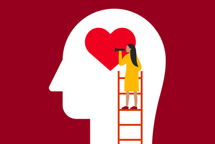An Illustration - A woman climbing a ladder and inspecting a heart in a brain