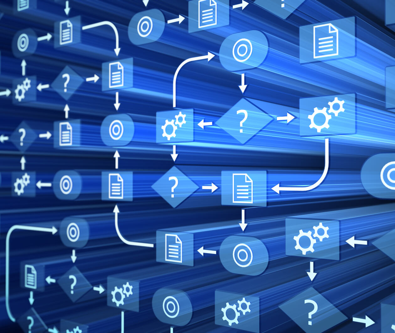 Blue graphic of an artificial intelligence flowchart diagram.