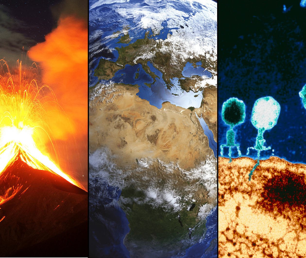 Three images in a row. Volcanoes on the left, Earth from space in the middle, and microscopic organisms on the right.