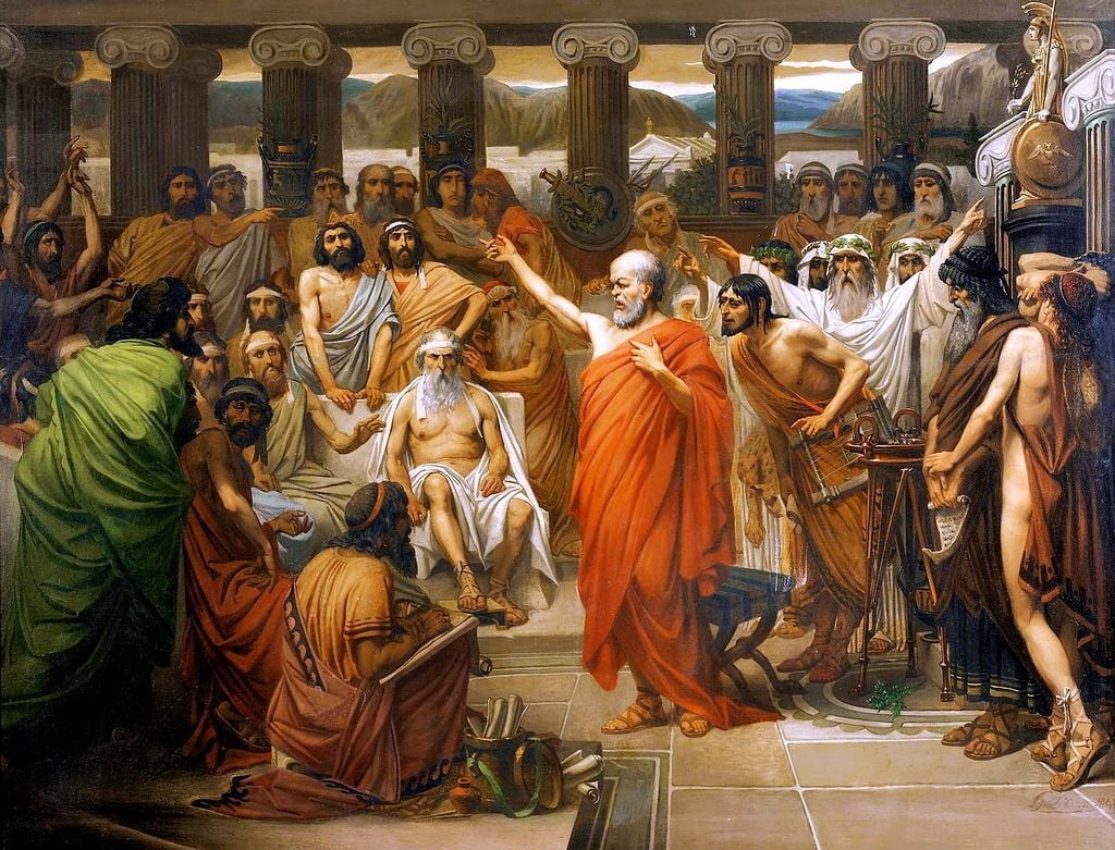 A nineteenth-century oil painting of Socrates' address, painted in vivid colours. Socrates makes his case to hundreds of onlookers.