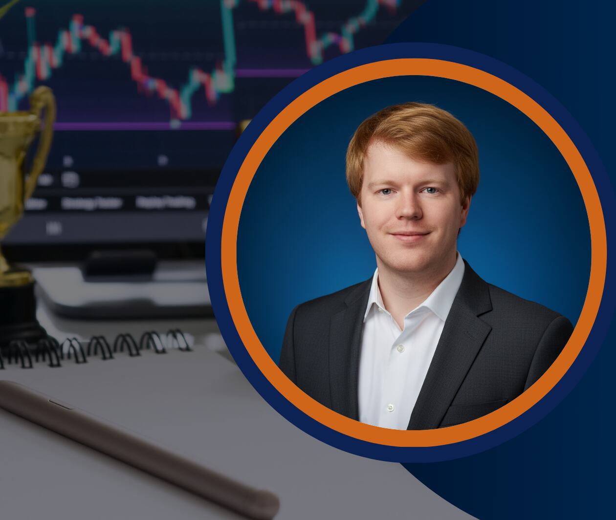 Professional headshot of a male finance instructor in a suit, with a laptop showing stock charts, plus a trophy and workspace—symbolizing investment analysis and financial modeling.