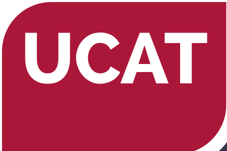 UCAT logo, red background with white writing