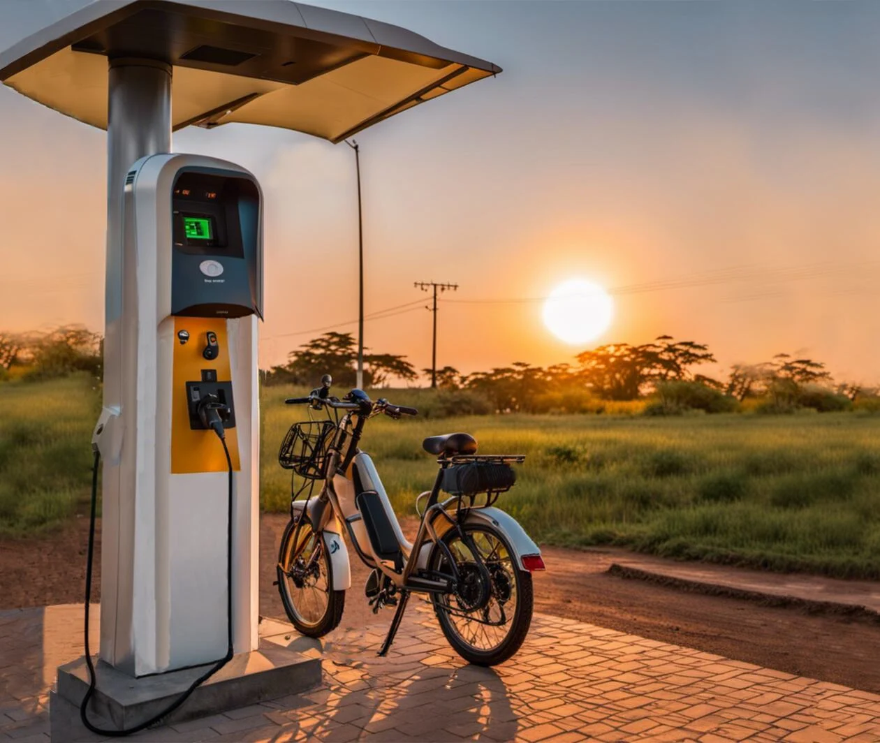 Charging station and electric bicycle in sunset in front of wide african landscape. 