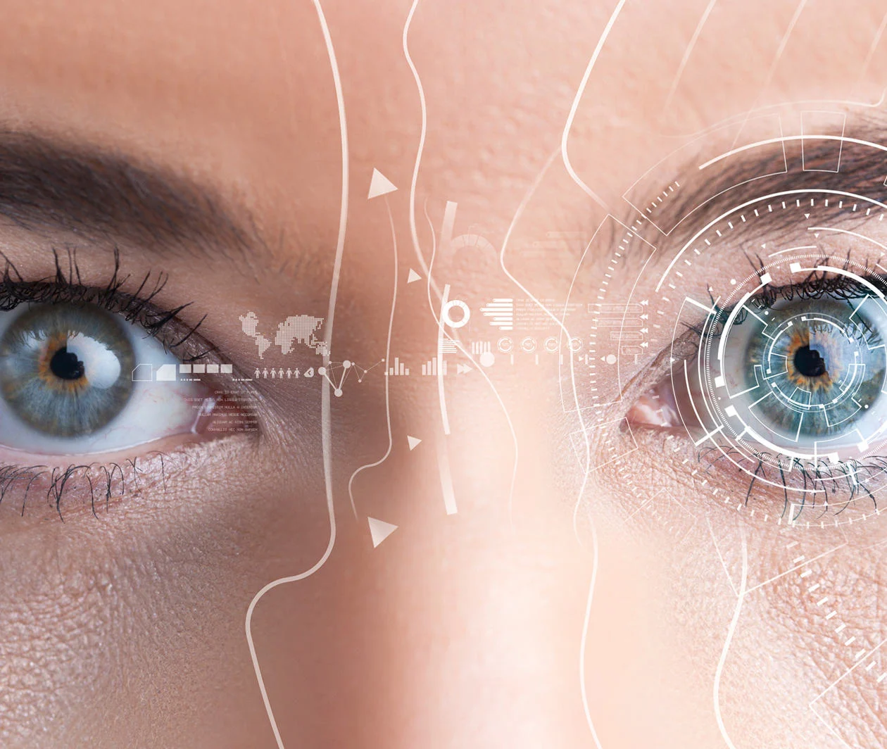 A woman's eye containing a reflection of computer graphics.