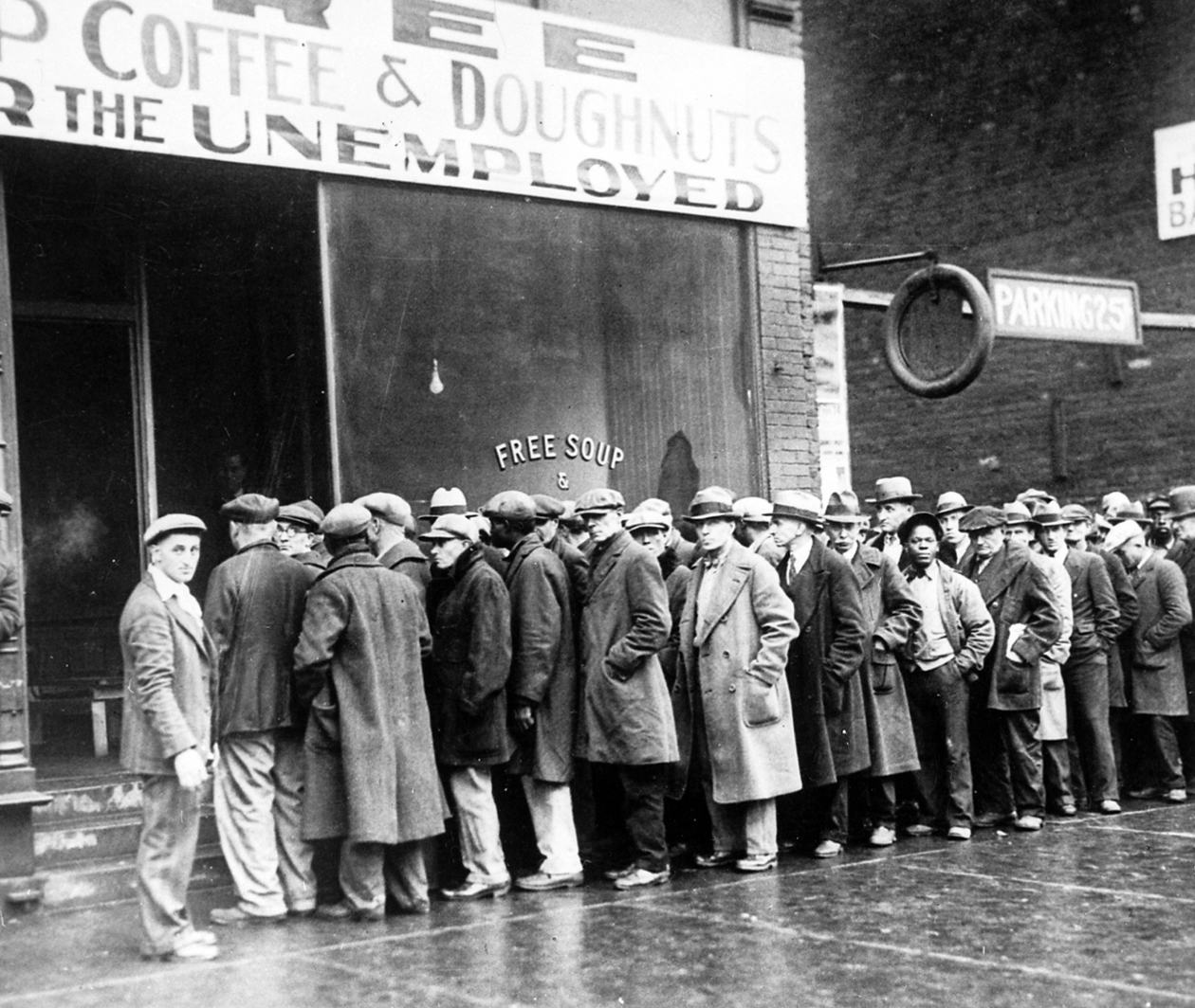 The Great Depression Unemployed men queued outside a soup kitchen opened in Chicago by Al Capone The storefront sign reads 'Free Soup' Royalty-free stock illustration ID: 238058275