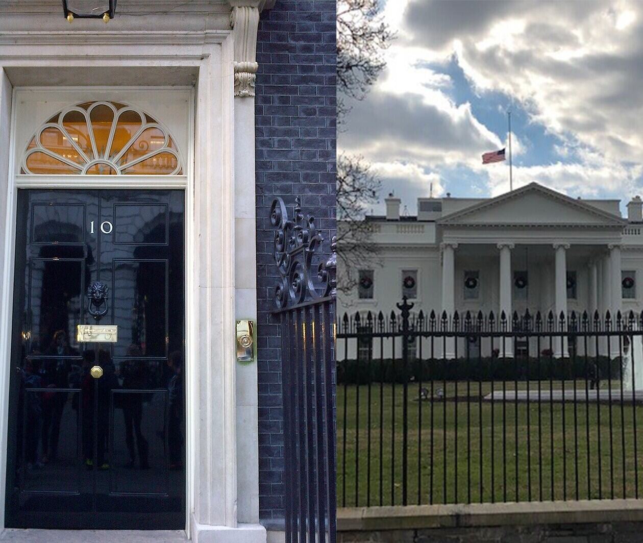 No10 Downing street door and the White House in Washington