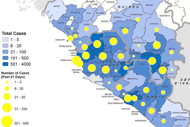 Geographical distribution of probable and confirmed cases from November 1- November 21, 2014 and total cases in Guinea, Liberia, and Sierra Leone
